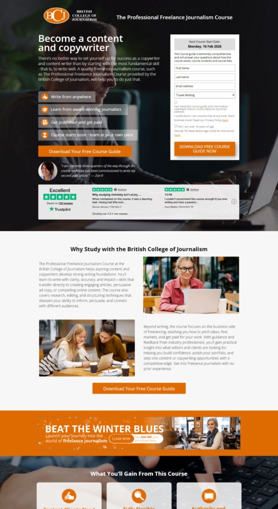 British College of Freelance Journalism Content Copywriting - Funnel Page